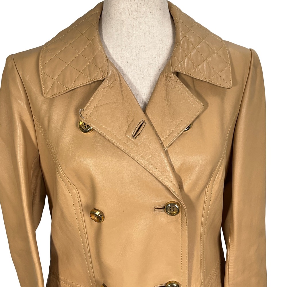 Gropper Leda Spain Coat Women 14 Tan Double Breast Leather Trench Quilt Longline - Picture 2 of 13